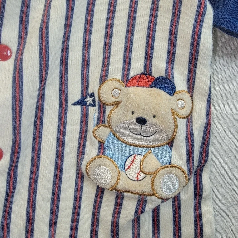 Vtg Bon Bebe Baseball Snap Romper‎ Pinstripe Bear Cream Navy Red 6-9 Months